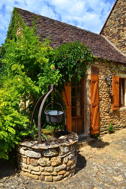 wells, medieval house, old well, stone well, door, shutters, medieval village, dordogne, france, audrix, stone house